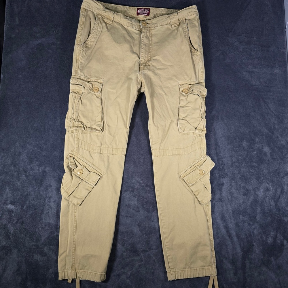 MATCHSTICK Mens Khaki‎ Cargo Pants Relaxed Fit 38x32 Cotton Utility Multi Pocket
